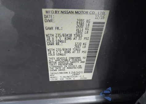 2017 Nissan Murano Sl z USA, uszkodzony, nr VIN 5N1AZ2MH3HN126501